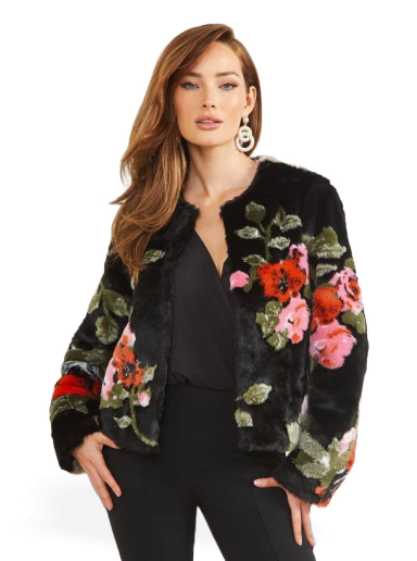 Marciano Floral Print Faux Fur Jacket