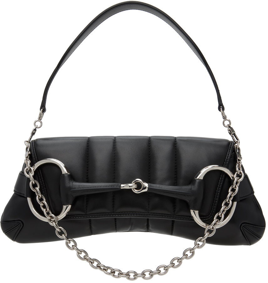 GUCCI Monogram Horsebit Chain Flap Shoulder Bag Black 1286997