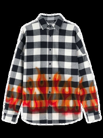 PALM ANGELS - Flannel Curved Logo Overshirt Black