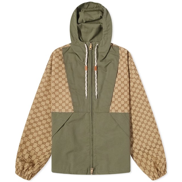 Men's GG Jacquard Hooded Jacket Camel/Green