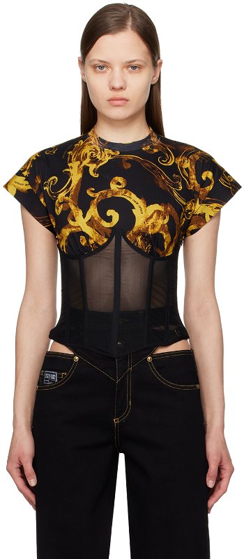 Versace Couture Black & Gold Watercolor Baroque T-Shirt E76HAH6A0_EJS287